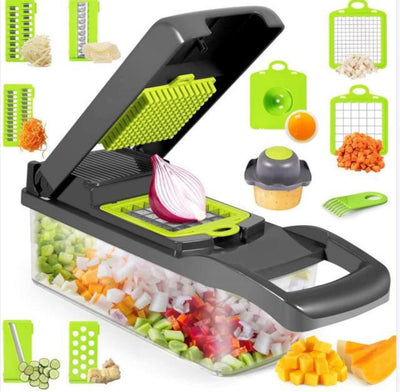 A ClickSmile 12-in-1 Manual Vegetable Chopper with an open lid and a red onion being diced. Surrounding it are various attachments and stainless steel blades for different cuts, including slicing, dicing, grating, and julienning, displayed with examples of chopped vegetables.